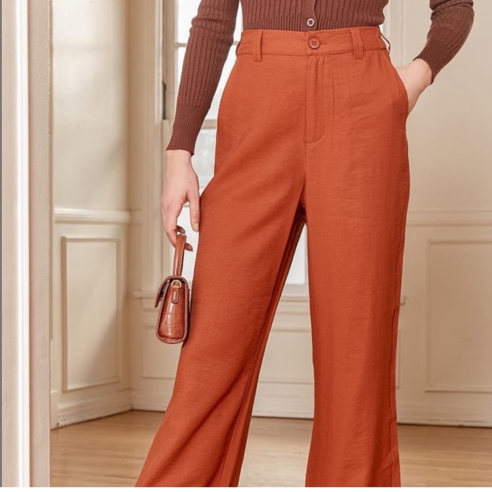 Lulus On Breezy Street Rust Orange High Rise Wide‎ Leg Flowy Linen blend Pants